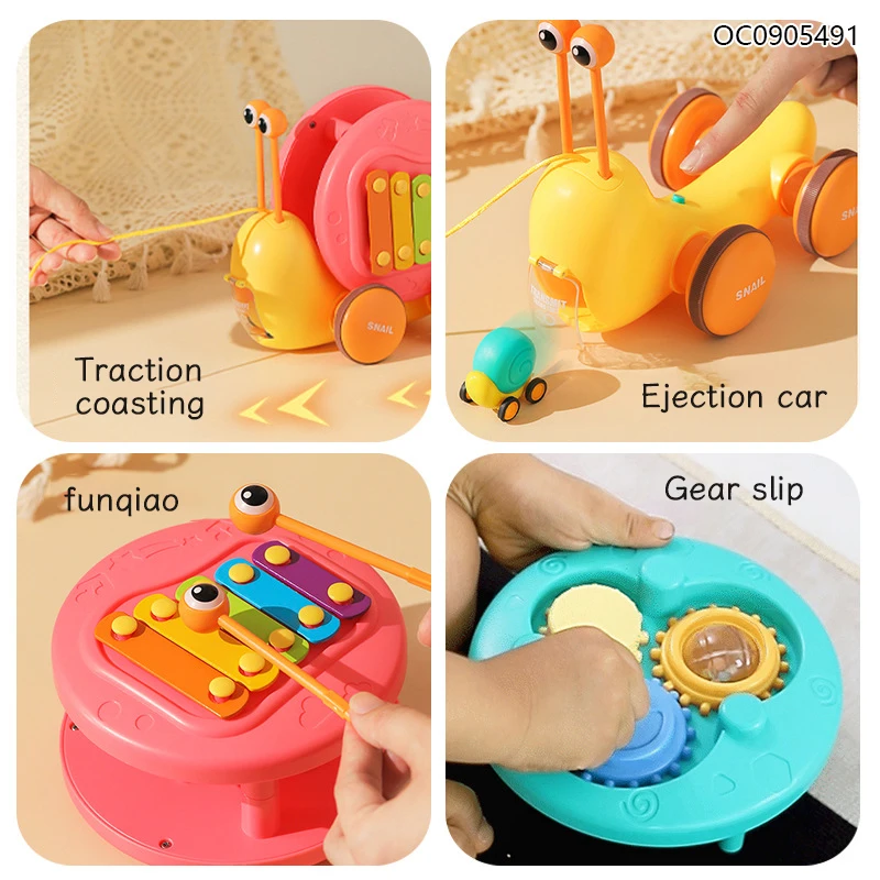 Music plastic crawling snail pull line animal baby toyes for kids with xylophone