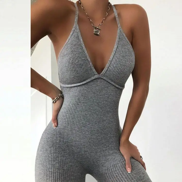 Casual Sport Fitness Streetwear Female Jumpsuit Sexy Neck Backless Skinny Elastic Jumpsuit Women Yoga Outfit