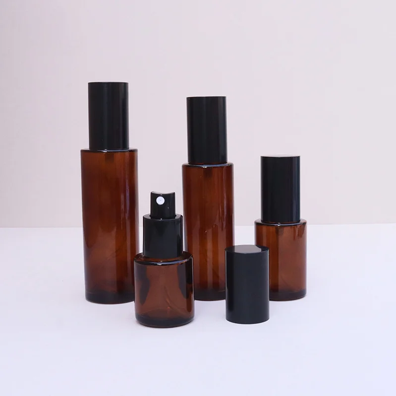 product wholesale 20ml 30ml 40ml 50ml 60ml 80ml 100ml 120ml amber glass pump bottle with flat shoulder and black serum pump-28