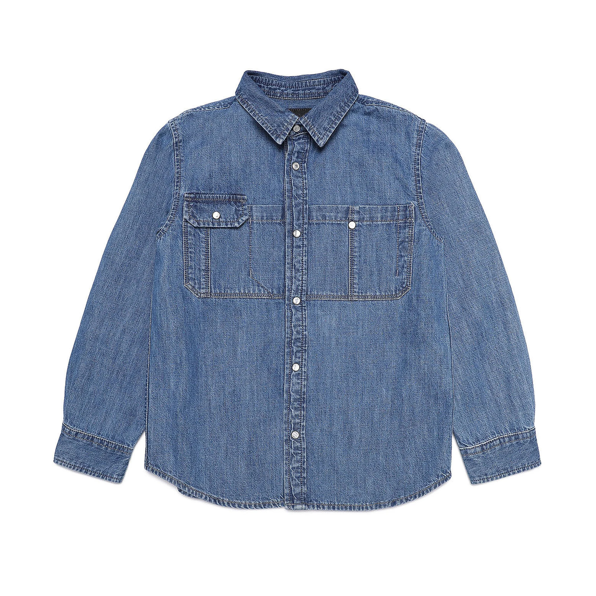 Custom latest design kids shirts boys washable chambray light denim long sleeve boys shirts with front button down
