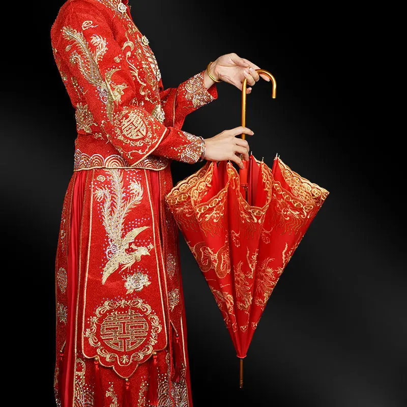 DD2045 Vintage Chinese Wedding Red Parasol Photo Props Decor Gold Thread Parasol Engagement Girls Bride Dowry Marry Umbrella