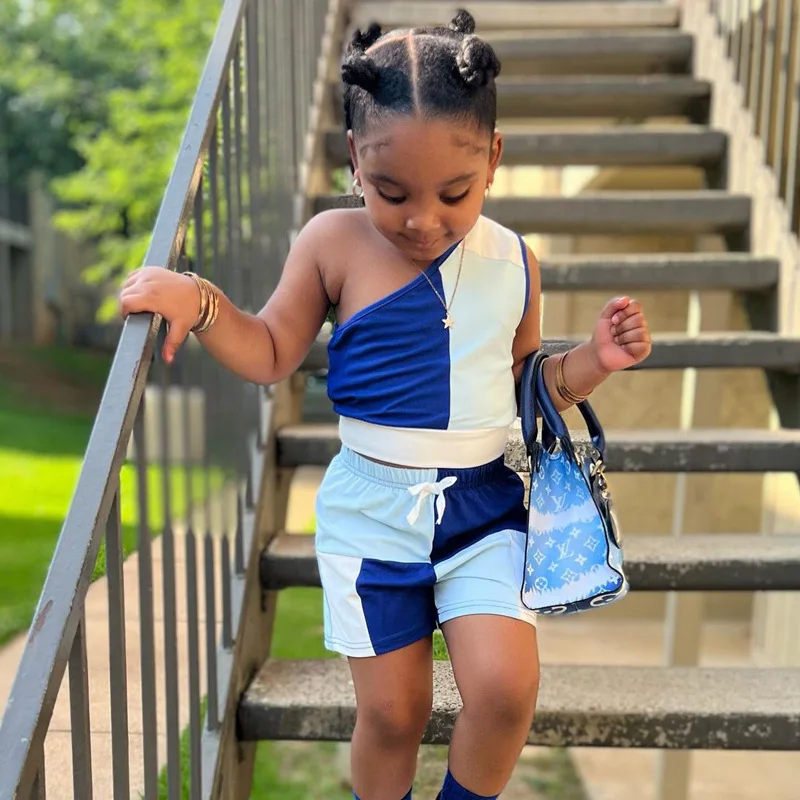 Toddler girl summer outfits 2022 new fashion casual color matching sleeveless one-shoulder vest shorts bikers children wears