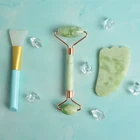Jade Face Jade Set Guasha Plate White Flower Jade Massager Rose Quartz Jade Roller 3 Piece Set
