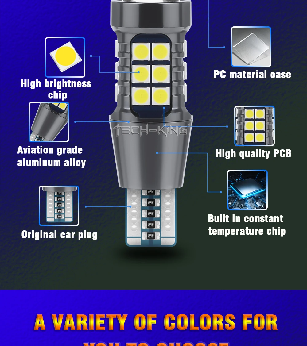 TECH-KING High Bright Lens 27SMD 3030 Led Car Reverse Light Canbus W16w Backup Lights 921 12-24V T15 Bulbs