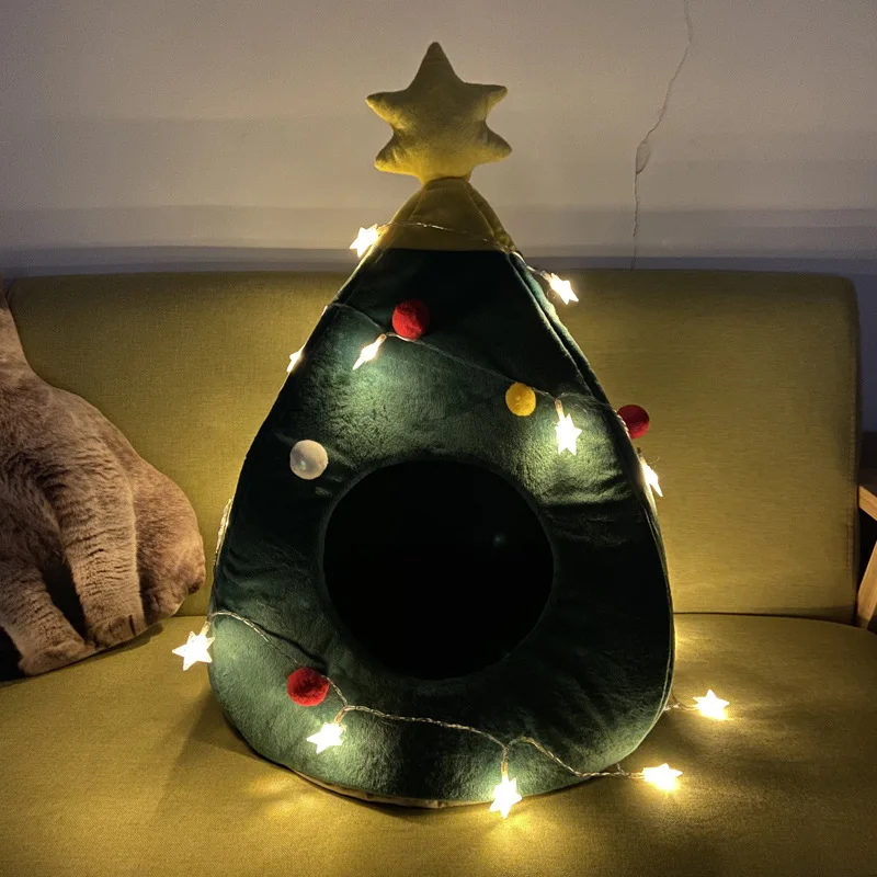 Merry Christmas Pet Supplies Winter Cat Tent High Quality Christmas Cartoon Tree Warming House with Mat Christmas Tree Gift Bed details