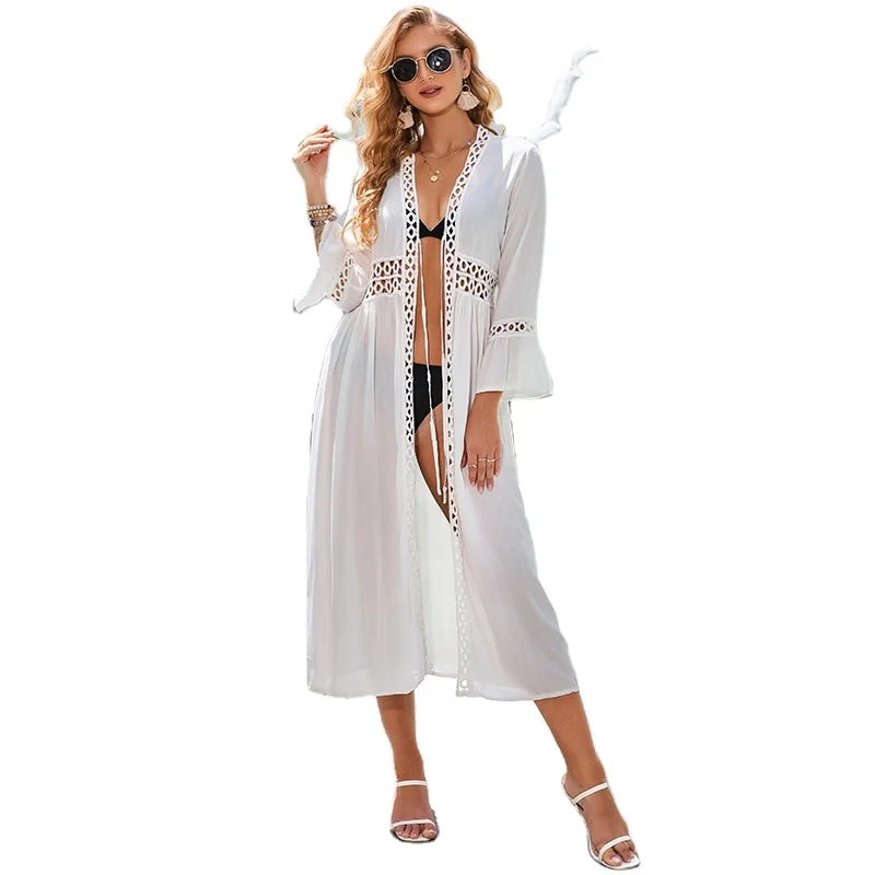 2023 new arrival costume Boho style dress cardigan skirt white cotton empty long dresses beach suit set for women
