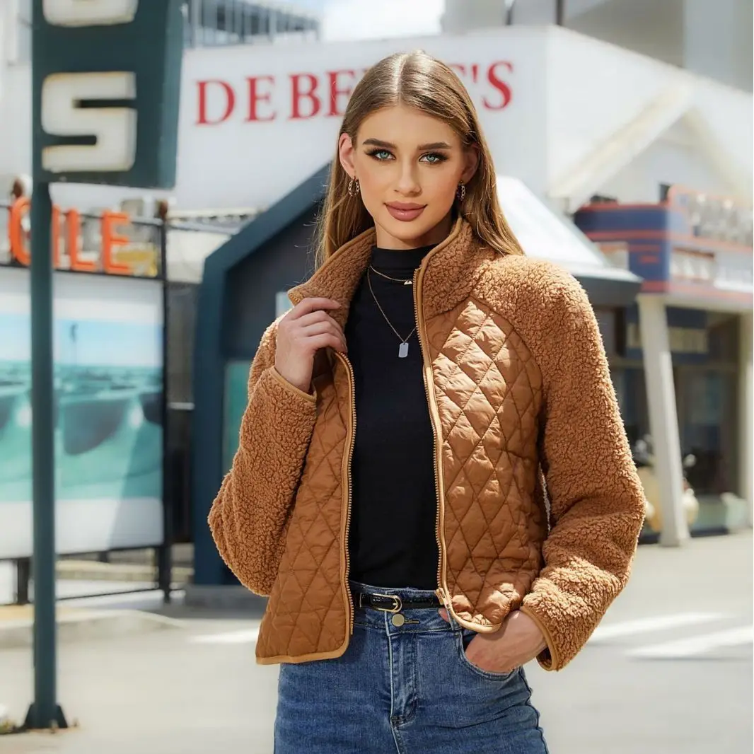 Fuzzy Fleece Jacket Wholesale 320gsm Women Clothes Plaid Pattern Coat Flap Pocket Thick Warm Full Zip Lapel Women's Coat