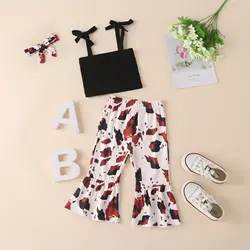 Wholesale new style toddler girls clothing sets solid vest tops+flared pants+headband boutique 3pcs girl's clothing