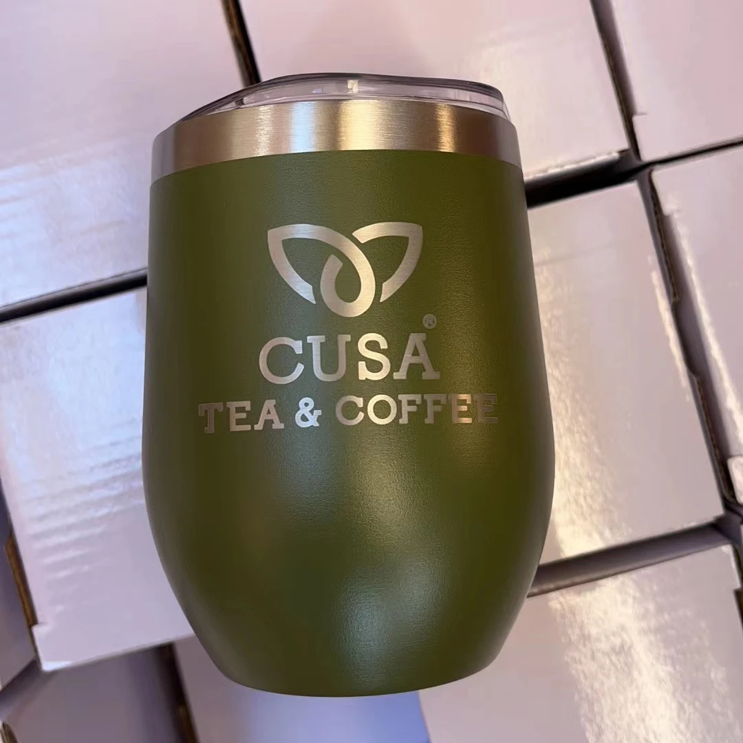 Wholesale custom logo 12oz egg shape stainless steel metal stemless wine tumblers with lid