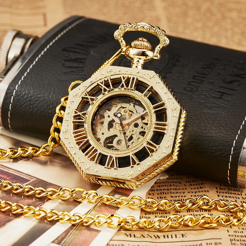 Hot Selling Antique Roman Numeral Alloy Pocket Watch With Chain Octagon Hollow Mechanical Pocket Watches