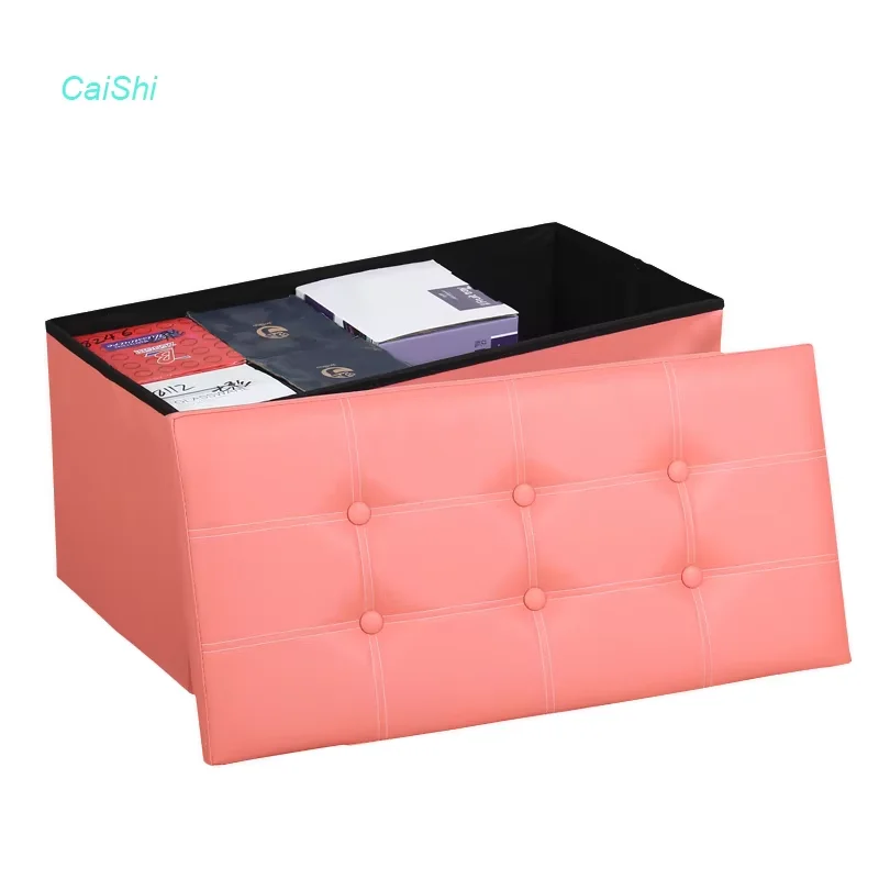 Modern Rectangle Folding Pink Faux Leather Storage Ottoman Solid Wood Frame Padded Seat for School Home Children's Toy Storage supplier