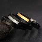 Bracelet Poya Mens Personalized Blank Engrave Bar Stainless Steel Wrap Wristband Genuine Leather Bracelet