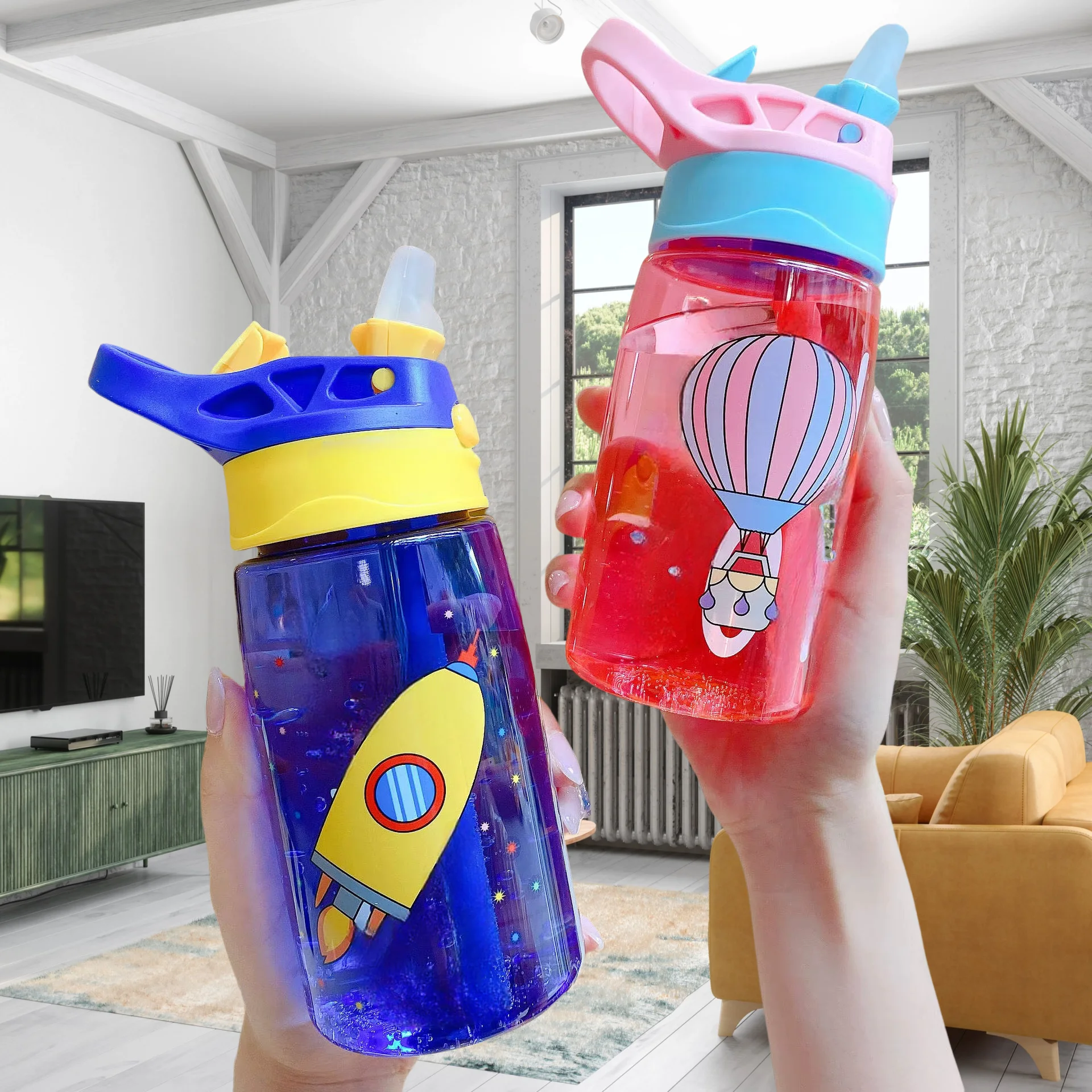 Hot Selling eco friendly Children's Cup 480ml Plastic Kids Water Bottle Cute Printing Child Drinking Water Bottle With Straw