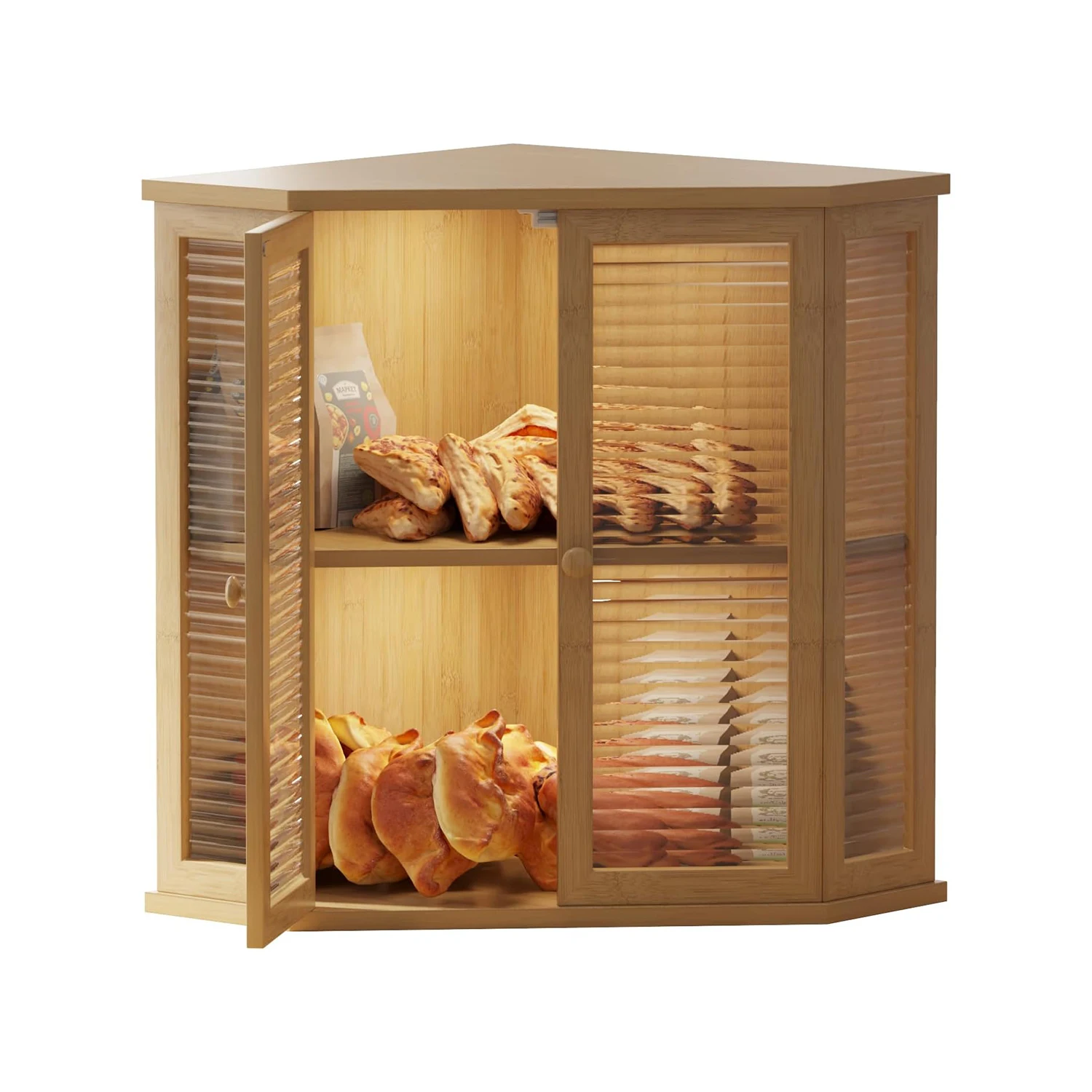 product wholesale large capacity double layer bamboo bread box with glass door loaf storage container kitchenware kitchen countertop-6
