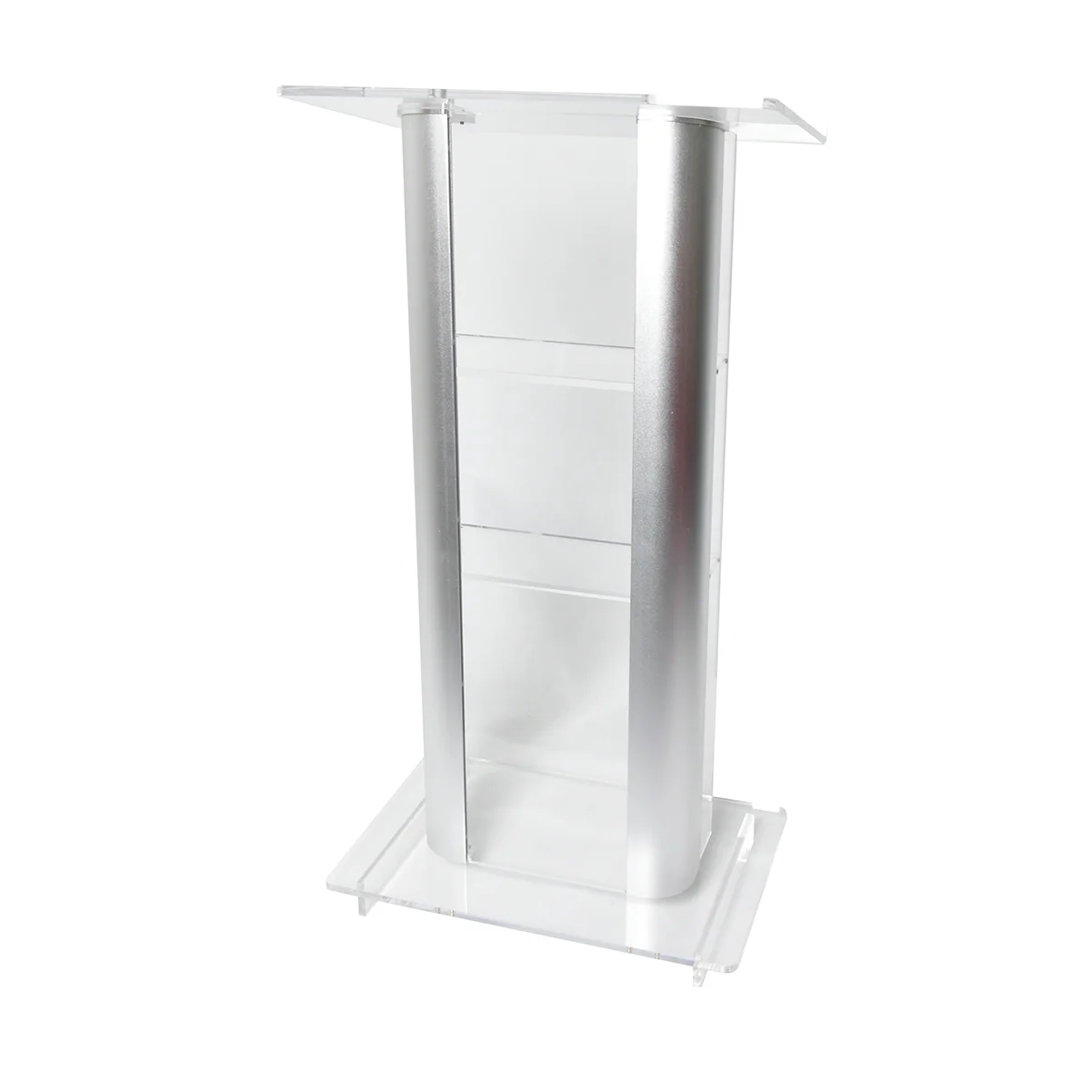 Brushed Stainless Steel Sides Pulpit Clear Silver Acrylic Plexiglass Podium Curved Lectern