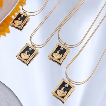 Retro photo frame imitation pearl design 18k gold astrology necklace stainless steel black enamel square pendant for girls