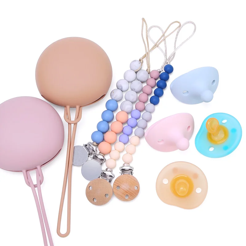 Customizable Wooden Silicone Beads Teething Pacifier Clip Case Holder Silicone Baby Pacifier Chain Clip