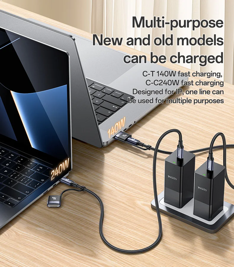 Yesido 2 Meter 240W Fast Charging Type-C to Type-C/T 140W Magnetic Charging for IP Laptop Data Cable CA197