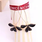 Black Earring Shiny Gold Plated 4 Petal Black Enamel Flower Wire Earring