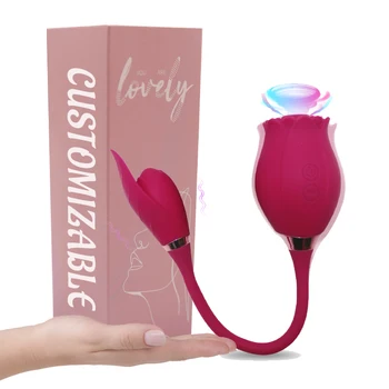 Women Rose Sex Toy, Powerful Clitoral Sucking Black Rose Vibrator, Licking Tongue Double Sided Rose Shape Vibrator for Couples