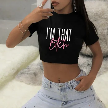 Wholesale Letter Printed Tshirt Black Girl Crop Top Crew Neck Ladies Clothes Short Cropped Women Graphic T Shirt