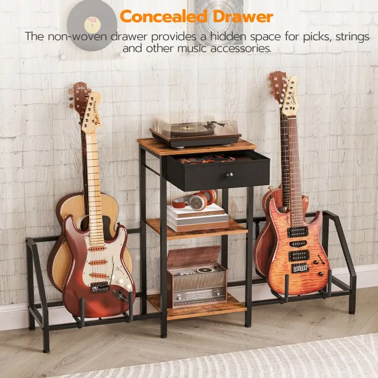 wholesale Guitar Stand, Guitar Display Rack with Drawer for Multiple Guitar Bass Electric, 3-Tier Guitar Shelf