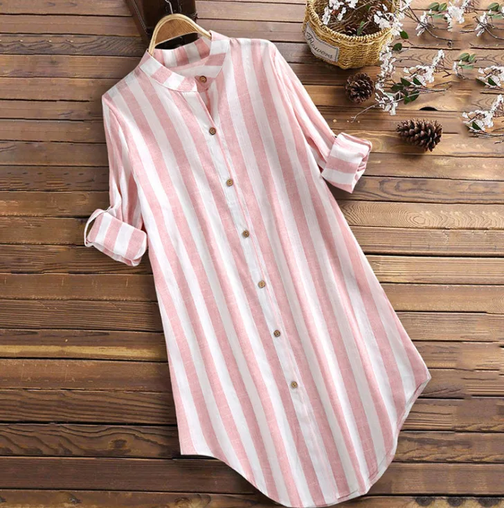 Women Long Style Shirts Striped Spring Autumn Blouse Tops Clothes Loose Long Sleeve Lapel Button Casual Shirt