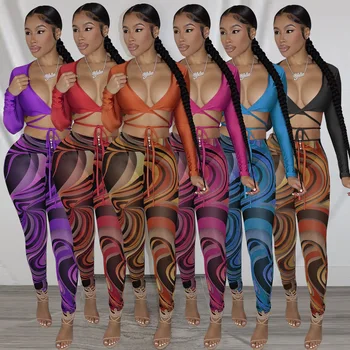 JXS1154 printed night club clothing sexy long sleeve tank tops and leggings women winter clothes 2 piece set women