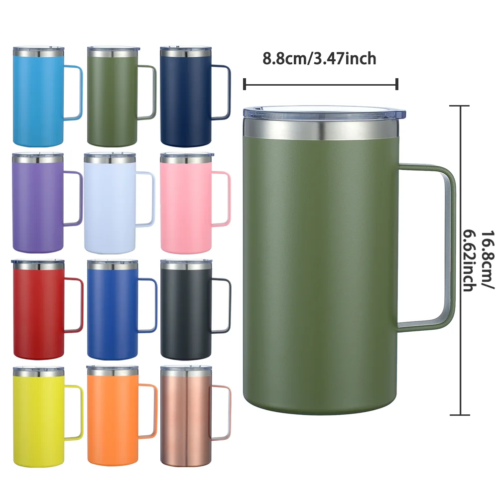 24oz Metal Vacuum Tumbler with the Handle Brief Stainless Steel Beer Mug Insulated Tumbler Vacuum Flask with Multiple Lids