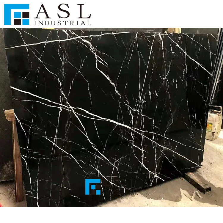 Polished natural white veins glossy black floor tiles design bathroom stone slab Chinese floor nero Margiua tiles and pure blac