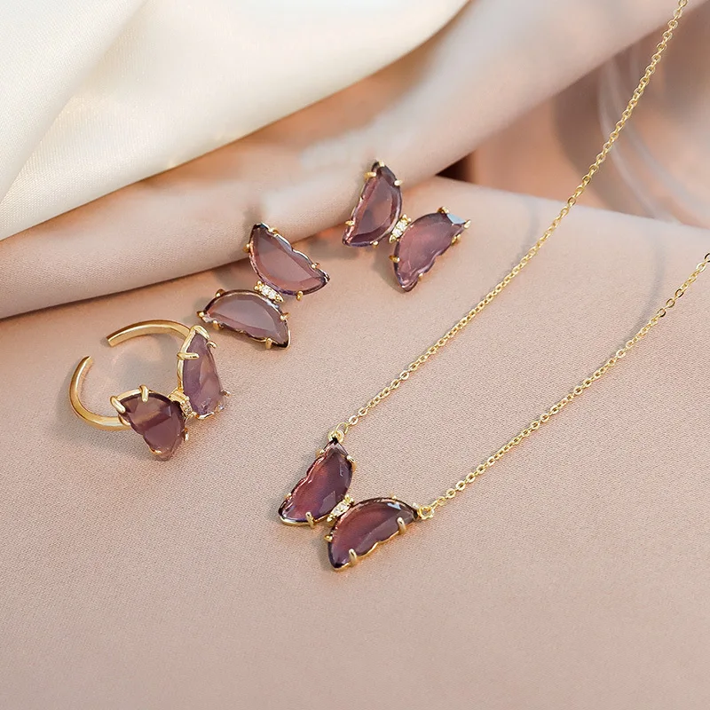 Fashion Women Wedding Cat Butterfly Crystal Gold Necklace Earrings Jewelry Set