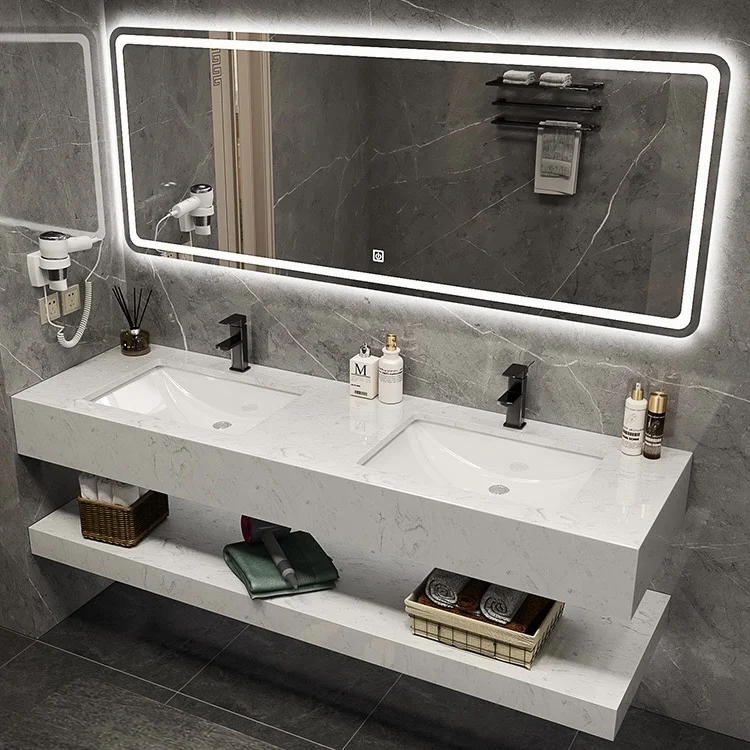 Tarpul Marble Double Washbasin Sink With Mirror Artificial Stone Cabinet Basin Wall Hung Bathroom Vanity Slab Basin factory