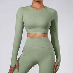 Wholesale Custom Women Clothing 3 Pieces Fitness Sets Gym Legging Seamless Fitness Long Sleeve Crop Top Yoga Suit Sportswear