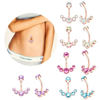 10Pcs/Set 316L Surgical Steel Belly Rings Curved Barbell 6 Crystals 14g Dangled Body Jewelry Belly Piercing Sexy for Women Girls