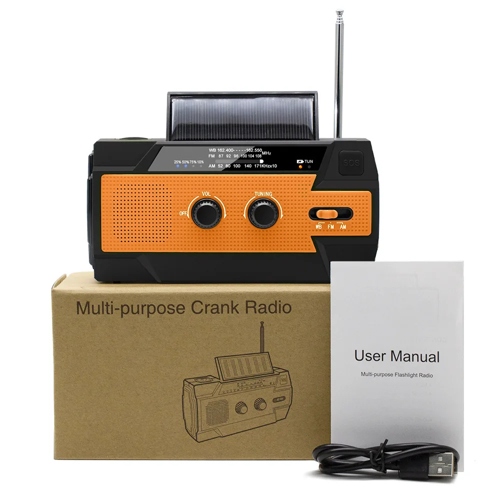Multifunctional 4000MAH Solar Panel Powered Battery Light Hand Crank Emergency Weather Radio Internet Radio Function Flashlight