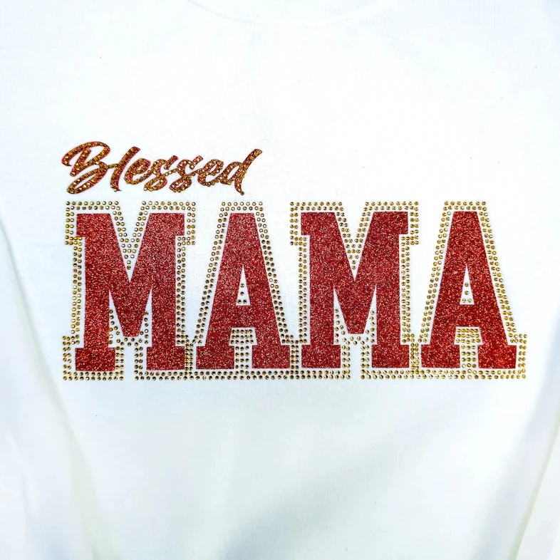 New style red glitter blessed mama crystal transfers sequin patches letter alphabet rhinestone template heat transfer