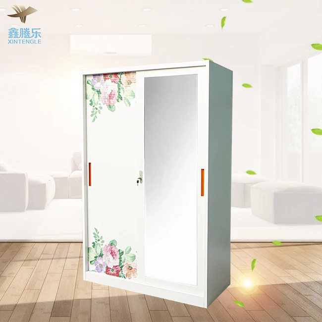 New Arrival Bedroom Furniture Painted Steel Armoire with Sliding Door Mirror Closet Metal Cabinet Locker for Storage