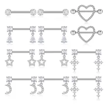 6 Pairs 14G Nipple Rings for Women 316L Stainless Steel Heart Star Moon CZ Flower Barbell Nipple Rings Set Piercing Jewelry