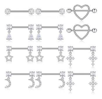 6 Pairs 14G Nipple Rings for Women 316L Stainless Steel Heart Star Moon CZ Flower Barbell Nipple Rings Set Piercing Jewelry
