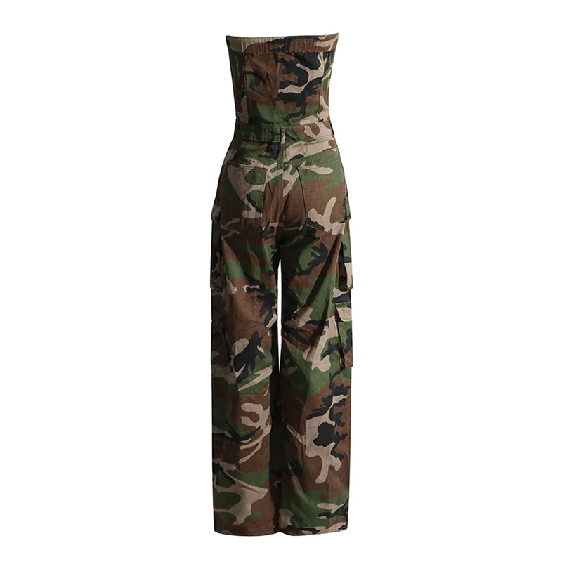 TWOTWINSTYLE Strapless Sleeveless High Waist Patchwork Button Camouflage Jumpsuits For Women 2023