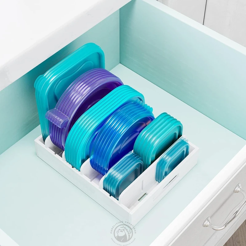 Expandable Bamboo Food Container Lid Organizer for Cabinet Adjustable Lid Organizer for Plastic Lids and Covers Storage