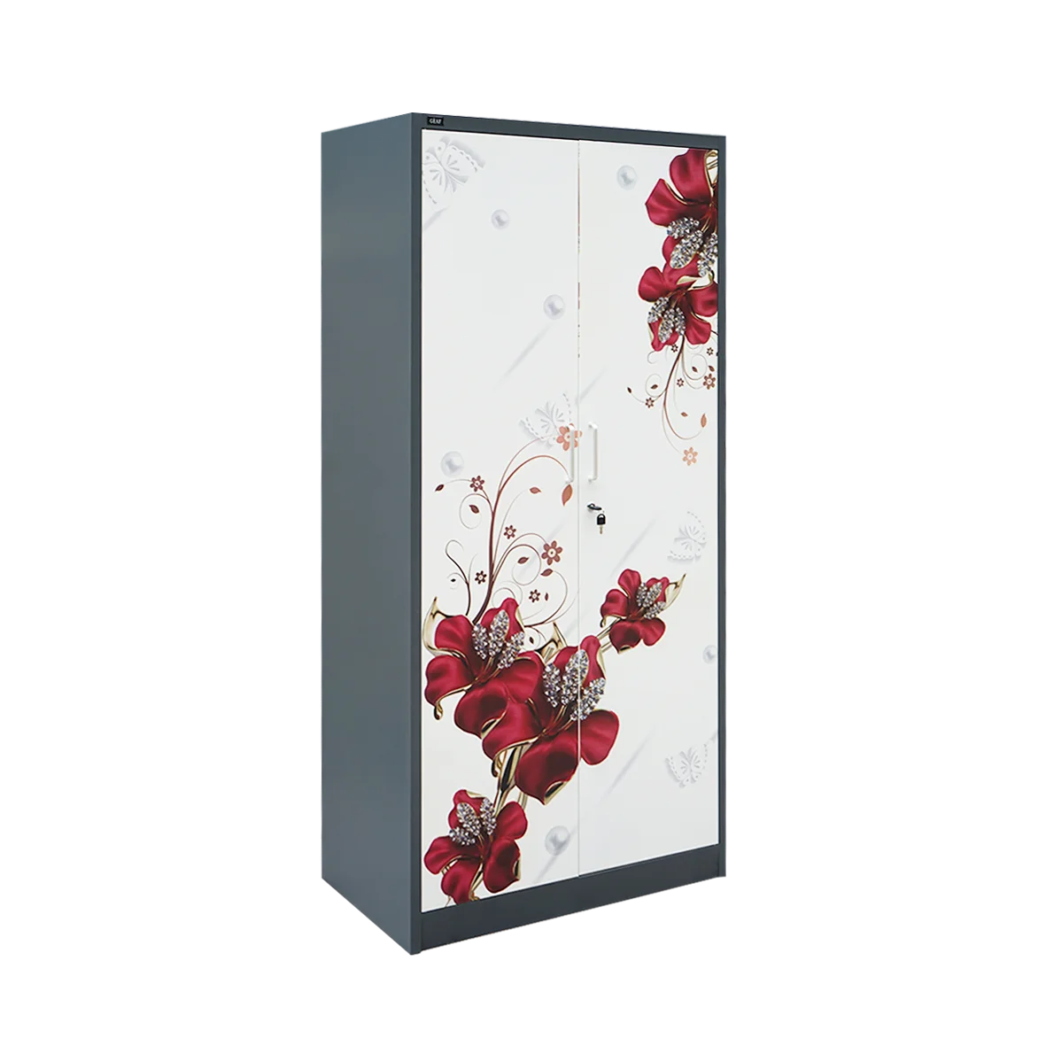 China Manufacture Cheap Swing Bedroom Furniture 2 Door Steel Locker Steel Wardrobe Cabinet Steel Cupboard White Metal Wardrobe