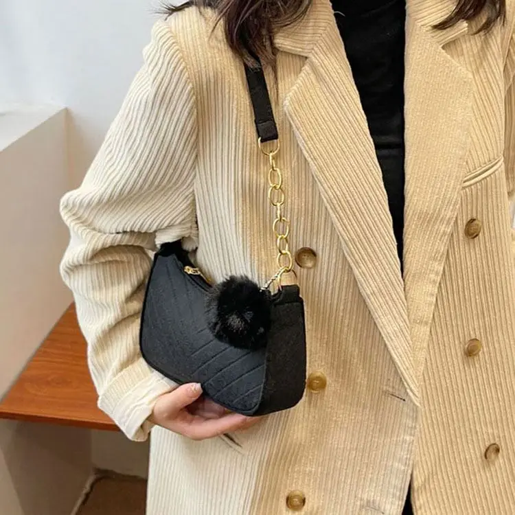 Mini New Candy Color Felt+polyester Sling Handbag Shoulder Bag With Pompon Textured Female Saddle Underarm Bag Tote Bag