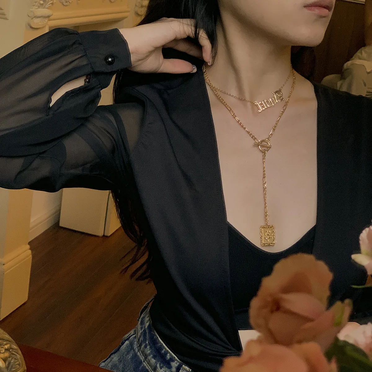 Fashion long  tassel necklace letter pendant clavicle chain creative OT buckle jewelry set wholesale