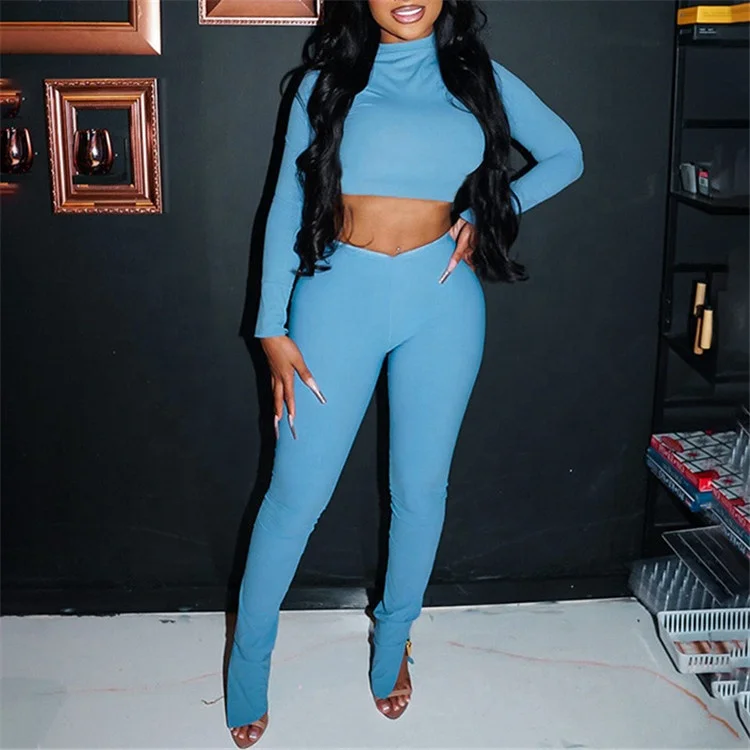 Fall Blue Bodycon 2 Two Piece Pants Set Casual Party Clothing For Women 2023 O Neck Long Sleeve Crop Top Pants Set