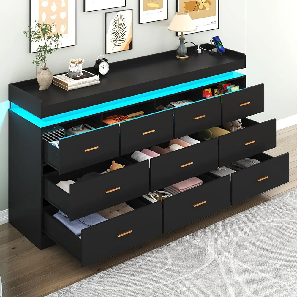 product 10 drawer wood dresser led light charging station modern chest drawers closet wide drawer organizer cabinet living room entryway-6