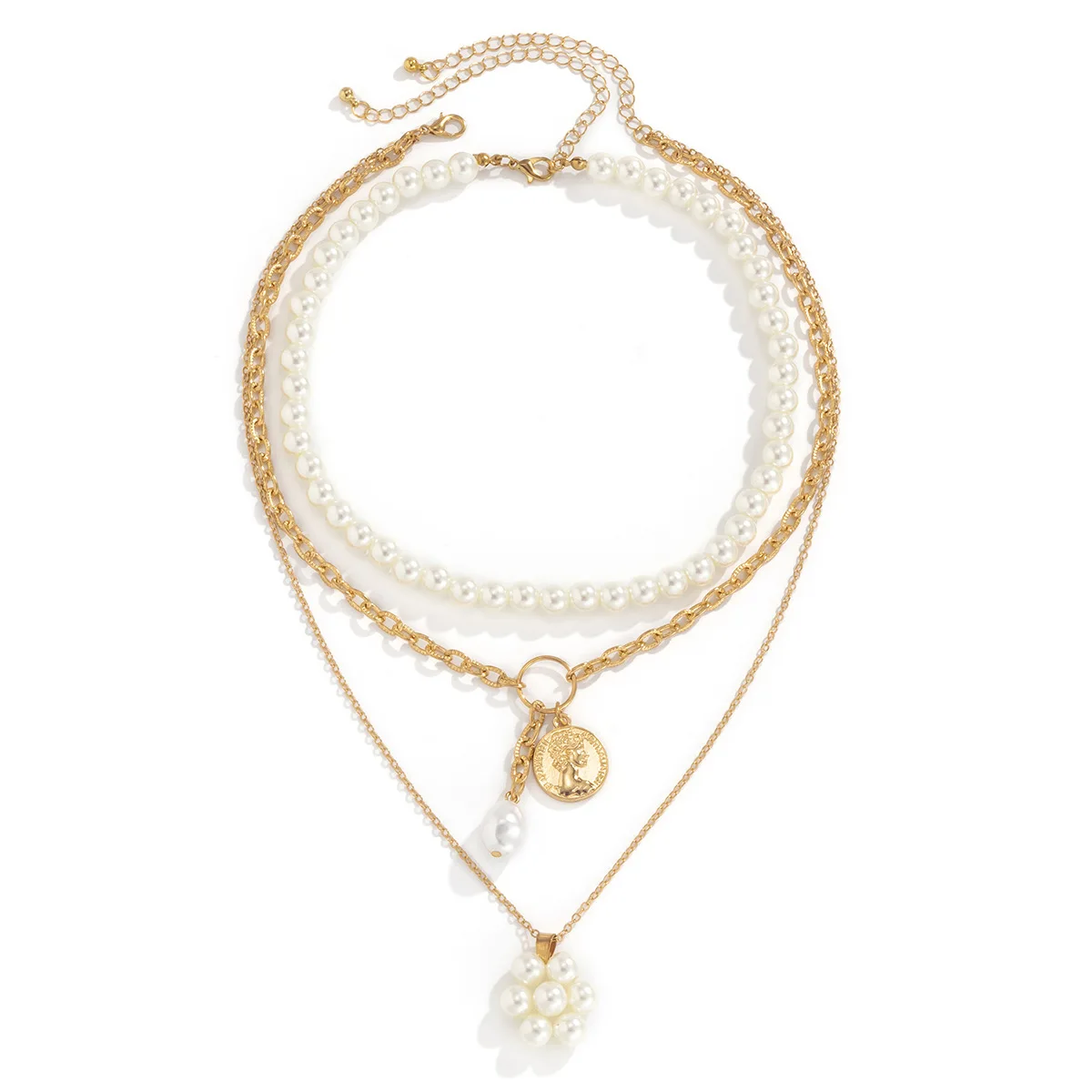 Luxury temperament Pearl flower embossed portrait multi layer necklace retro tassel ladies necklace jewelry set