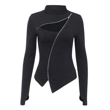 B23780A Dark Black Series Long Sleeve Collar Bottom Shirt woman BF zipper stitching blouse