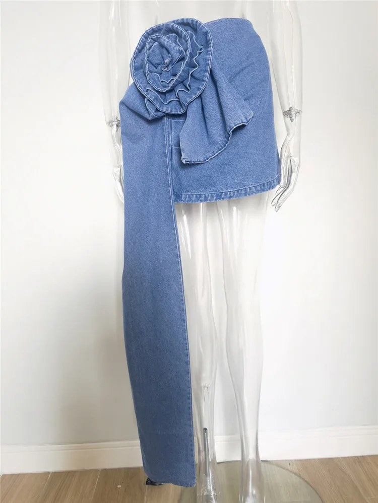 2023 Summer Denim Mini Skirts Y2K Aesthetic 3D Flowers Design High Waist Micro Skirts Skinny Wrap Jeans Penceil Skirt