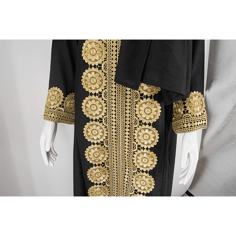 Hot-Selling Women's Black Embroidered Lace Abaya Dress Elegant Retro Vintage Design for Summer Vacation Breathable Feature details